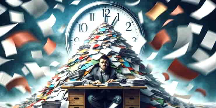 Time Management Tactics: Prioritising for Success A person sitting at a desk smothered in a mountain of tasks that almost blank out a clock - time management tactics