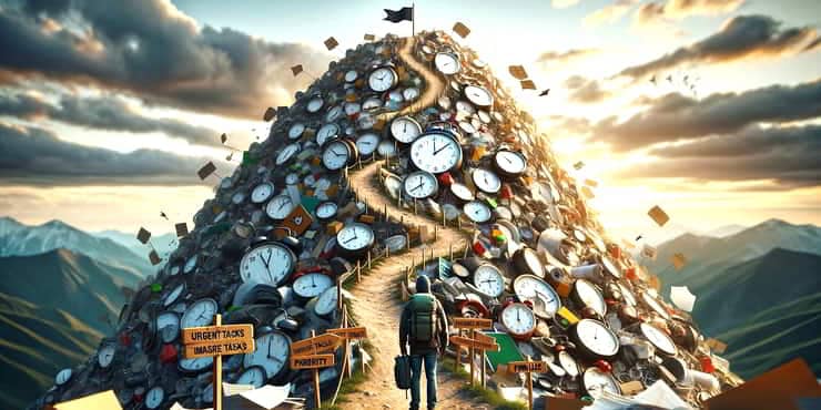 A person standing before a mountain of clocks papers and office supplies - deadline management