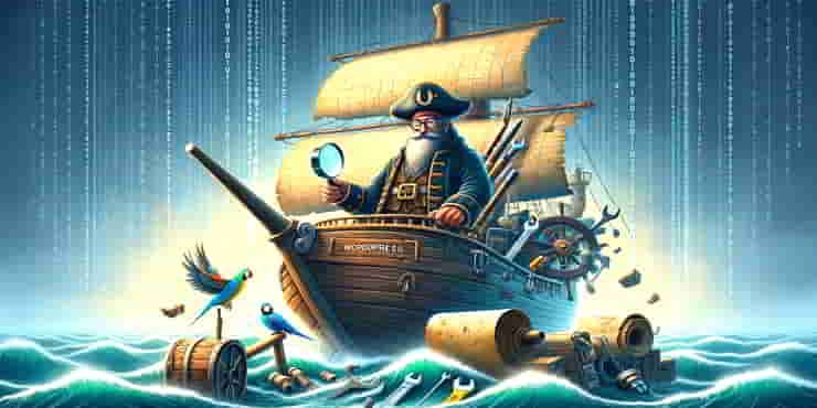 A wooden ship boldly named WordPress sails through a sea of binary rain - common WordPress errors