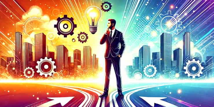 An entrepreneur standing confidently at a crossroads symbolizing decision-making and innovation - independent thinking