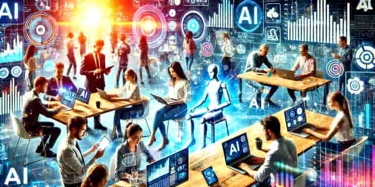 Using AI Tools to Boost Productivity for Solopreneurs A diverse group of solopreneurs are seen working on their laptops with AI - AI tools to boost productivity