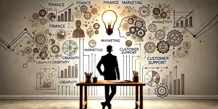 A solopreneur standing at a desk, surrounded by symbols representing tasks like finance, marketing, creativity, and customer support - mindset for success