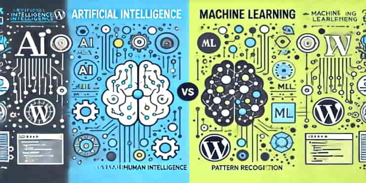 Understanding Machine Learning vs AI in WordPress Development An illustration comparing Machine Learning vs AI in a WordPress development context