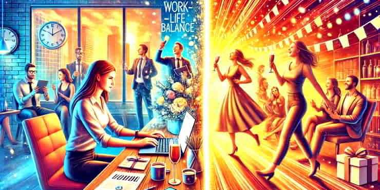 Finding Work-Life Balance Through Celebrations: A Fresh Take Left side shows lady focused on work and right side side shows her celebrating - work-life balance through celebrations