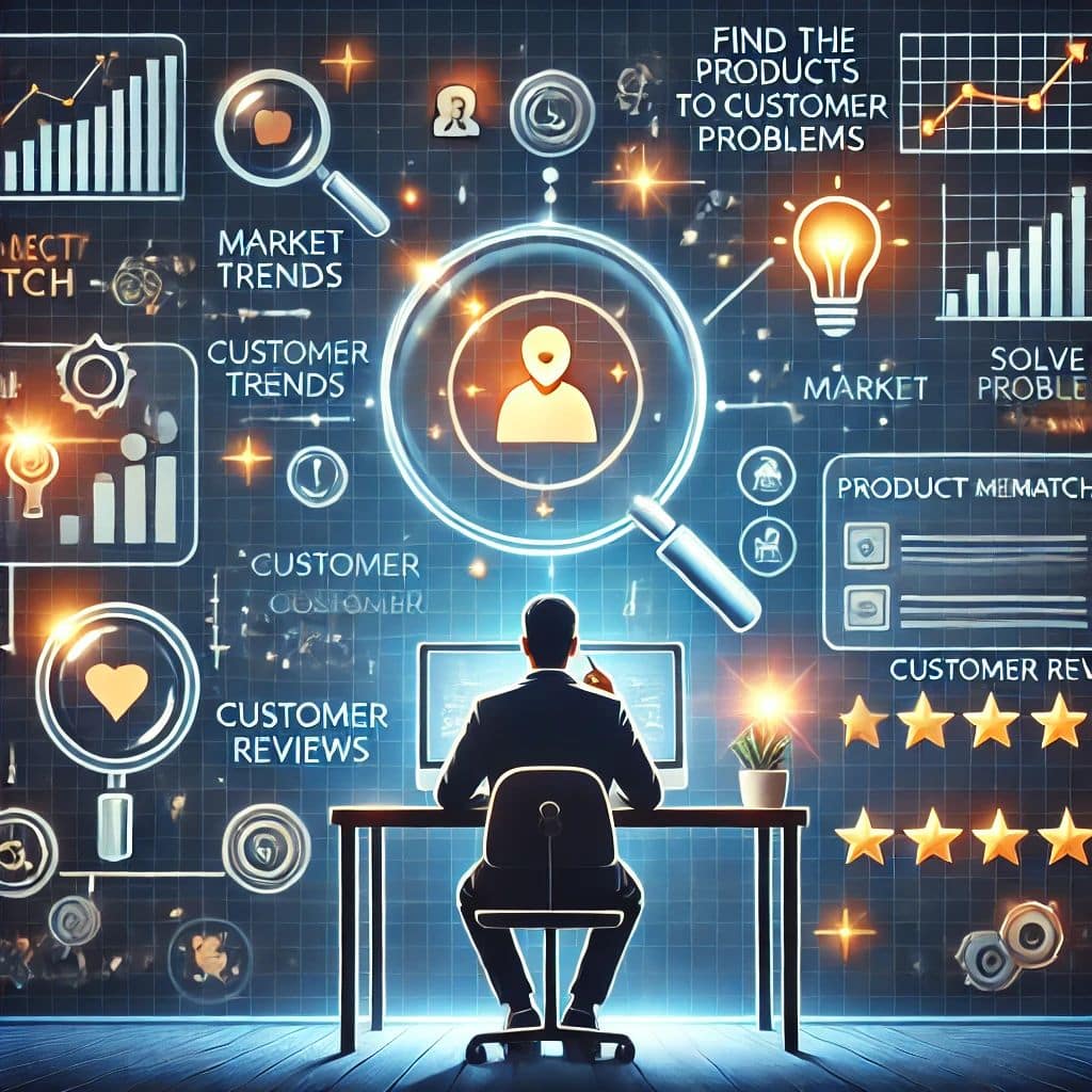 A person at a desk reviewing possible products that solve a problem