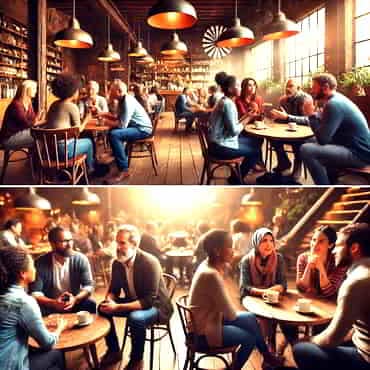 Networking and Community: Finding Your Tribe A cosy coffee shop where a diverse group of people are engaged in deep conversation - finding your tribe