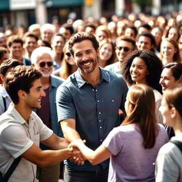 How to Build a Brand from Scratch (Solopreneur Guide) A man in a crowd shaking hands and making friends