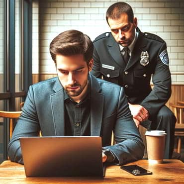 A man working at a laptop with a uniformed security guard peering over his shoulder
