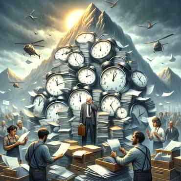 Improve Prioritising Skills: The Art Of Identifying What Truly Matters A mountain of clocks symbolising the effect of overcommitting