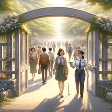 A gate supervised by a security guard counting the people who go through the gate