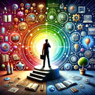 A person standing confidently among icons of different niches preparing to make a decision