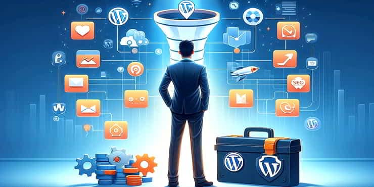 A marketer standing confidently with a set of digital tools - WordPress Sales Funnel