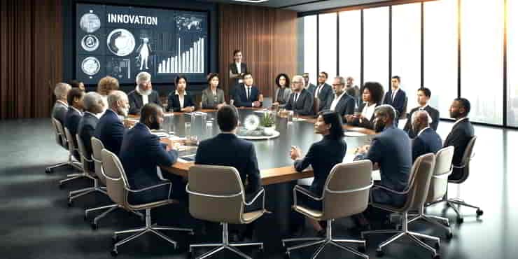 The Key to Effective Leadership: Elevating Empathy A modern corporate boardroom with a diverse group of leaders around a large table, demonstrating the new model of leadership - key to effective leadership