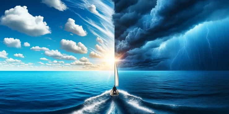 Resilience & Recovery: Bounce Back Stronger in Business A person alone on a sailboat - the left half sunny day with calm blue waters and the right shows a storm brewing - resilience and recovery