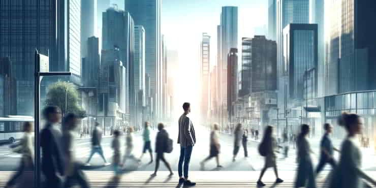 Living For Now Improves Decision-Making: Harnessing The Power Of This Moment A person pausing in a bustling city to just experience the moment - living for now improves decision making