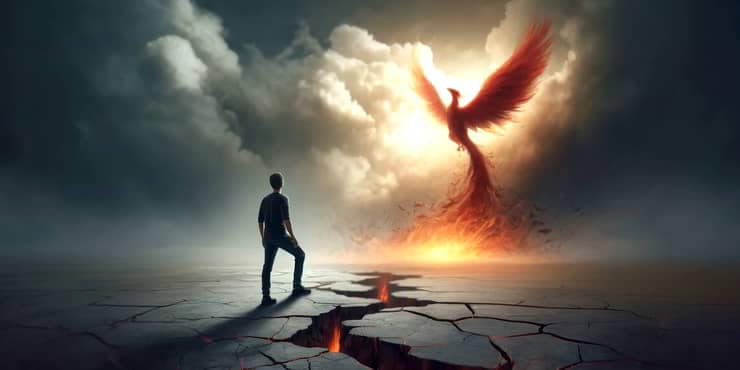 The Potent Process Of Learning from Failure: Lessons for Future Triumphs A person ttanding on a cracked ground of a monumental setback watching a phoenix rising - learning from failure