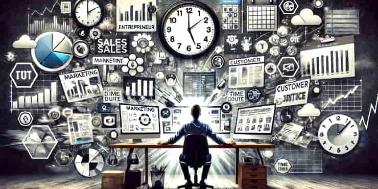 The Solopreneur’s Health: Managing Stress and Burnout A solo entrepreneur at a desk with multiple screens, surrounded by various icons and tools representing different busness pressures - managing stress and burnout