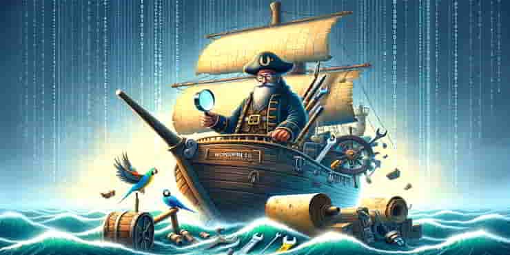 30 Common WordPress Errors: Quick Fixes for Beginners A wooden ship boldly named WordPress sails through a sea of binary rain - common WordPress errors
