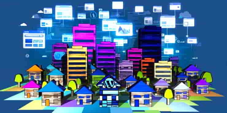 Creating A Professional Website With WordPress: Themes and Design Best Practices Image shows many different sized buildings representing WordPress websites - creating a professional website with wordpress
