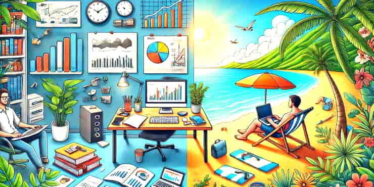 Tips For Affiliate Marketing Success: 29 Dos and Don’ts On the left side a person working hard at a desk surrounded by books and on the right side the same person working with a laptop on a beach - tips for affiliate marketing