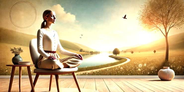 How to Practice Mindfulness as a Busy Solopreneur A lady practicing mindfulness seated in a casual relaxed pose in a comfortable chair - how to practice mindfulness
