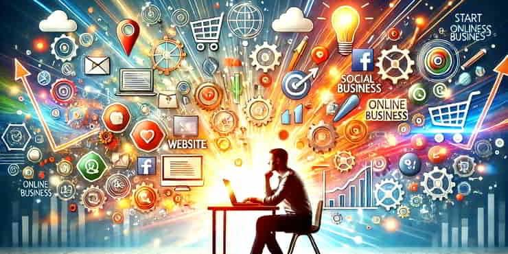 person sitting at a desk, using a laptop surrounded by icons of an online business - how to start an online business